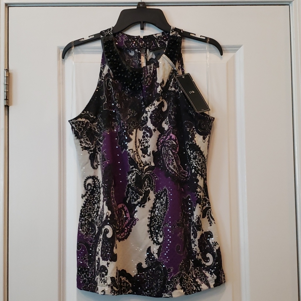 Beaded black white & purple halter top sz L